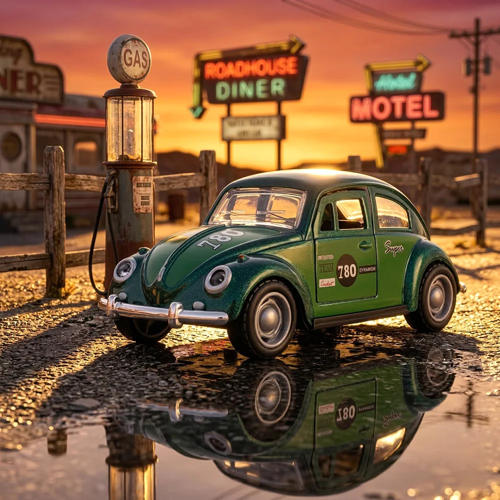 Coche de juguete clásico de metal fundido a presión, modelo Beetle, 11.5 cm, verde, con función de retroceso y puertas que se abren, vehículo retro coleccionable, regalo para niños y adultos