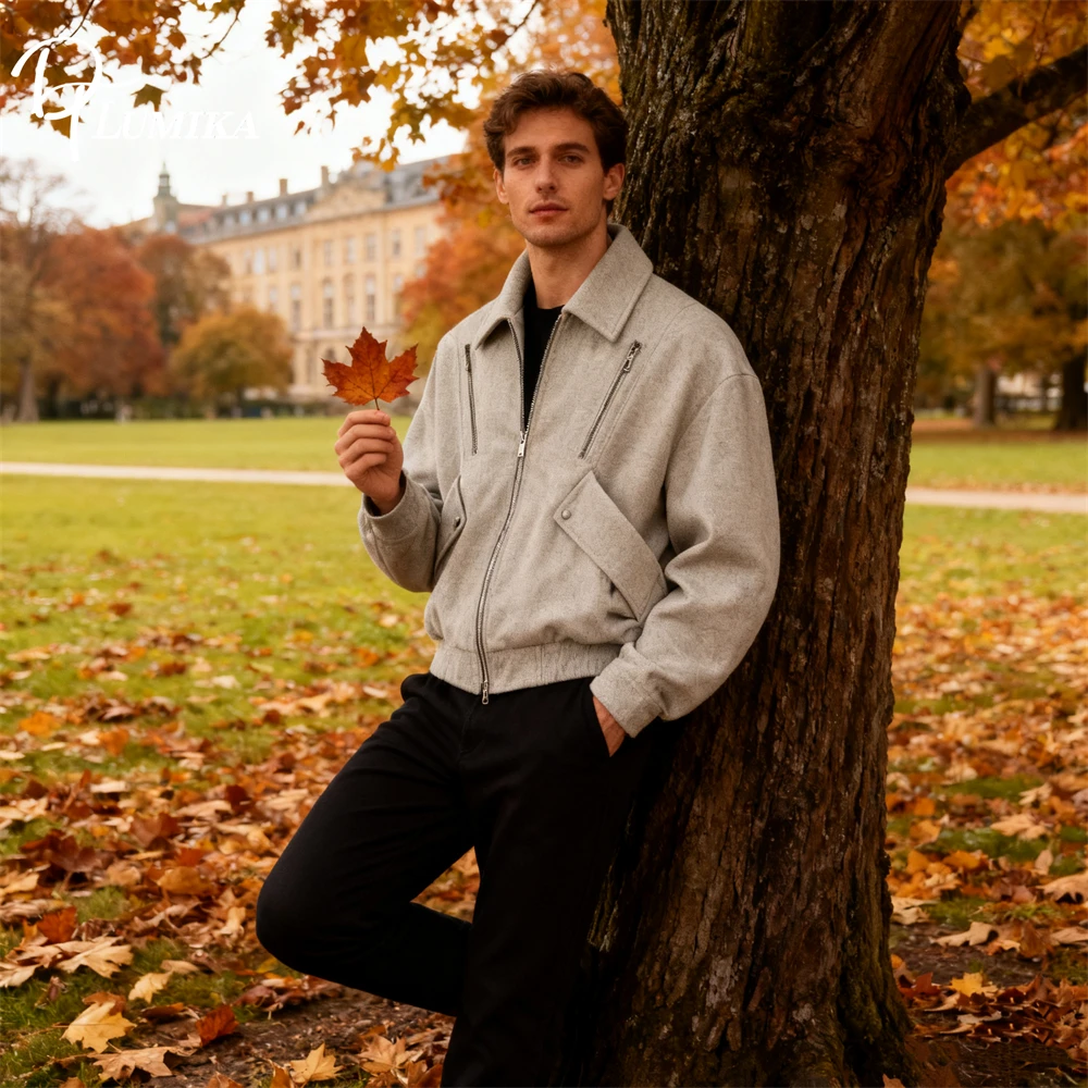 

Модная осенняя куртка для мужчин, большие размеры, верхняя куртка для подростков в стиле ретро, на молнии, с отложным воротником, мужское модное пальто