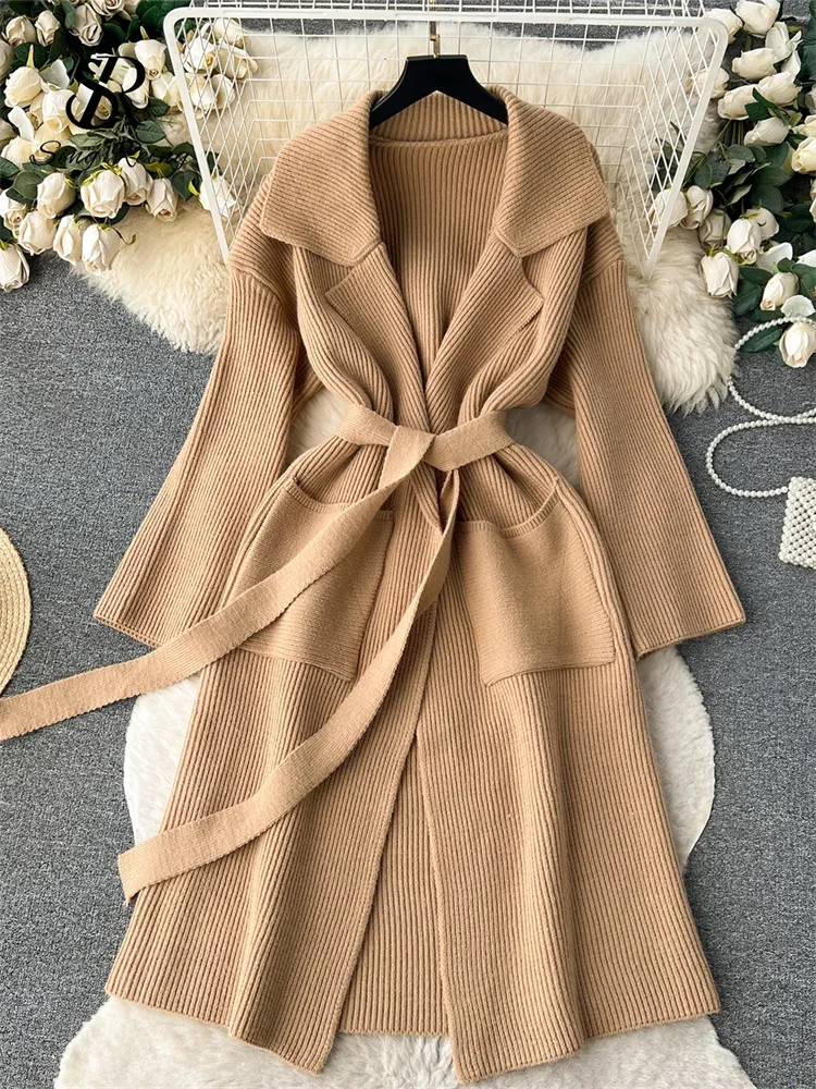 Winter Korean Style Fashion Knitted Outerwears Women Loose Solid Lapel Coat Female Autumn New Casual Streetwear Sweater Cardigan