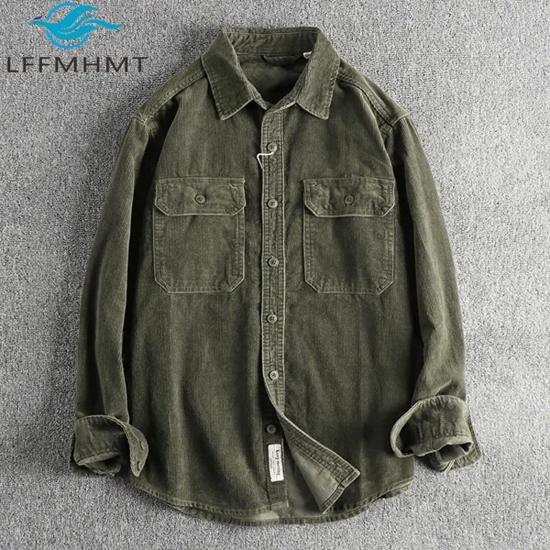 America Style Vintage Corduroy Cotton Shirt for Men Winter Fall Fashion Solid Color Long Sleeve Loose Casual Multi Pocket Coats