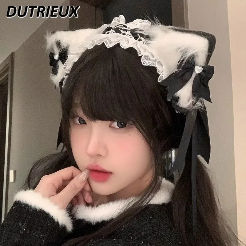 Japanese Style Lolita Kawaii Lace Bow Headband Sweet Cute Girl Cat Ear Hairpin Cosplay Maid Headwear Hair Accessories Set