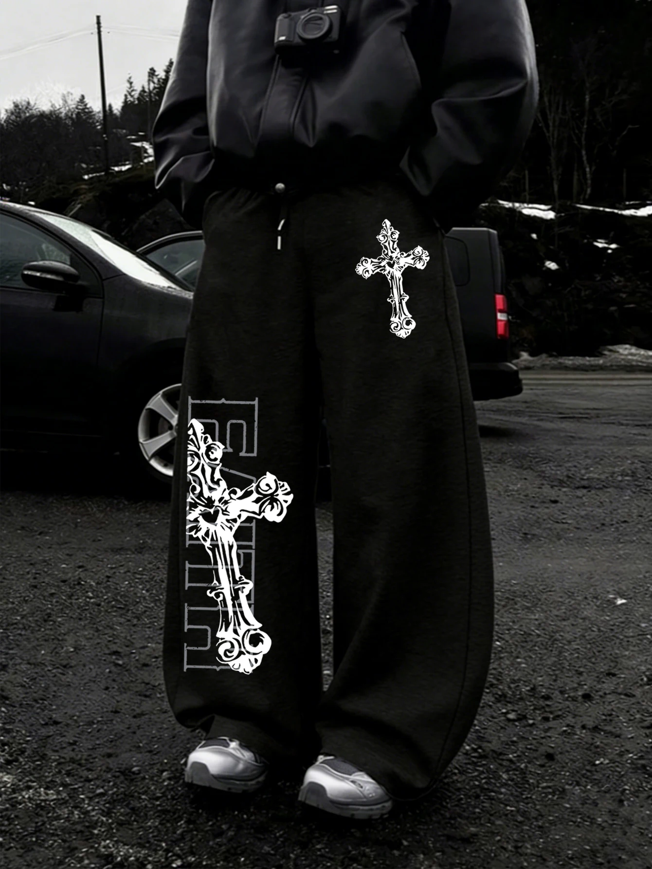 Men Y2K Dark Gothic Baggy Sweatpants, Ornate Baroque Cross & Vintage Block Letter Asymmetrical Dual‑Leg PrintDrawstringLooseWide