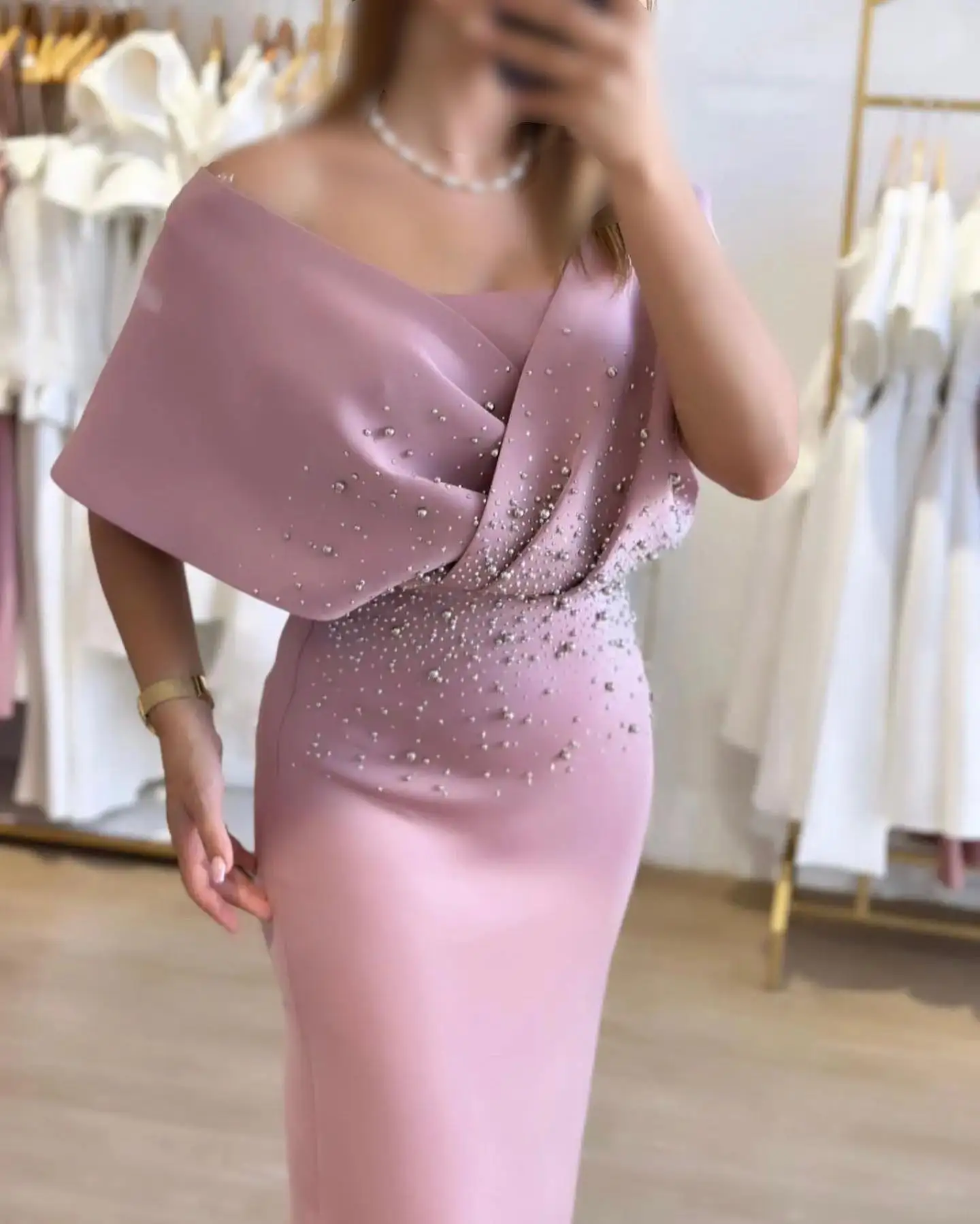 Off Shoulder Customized Formal Evening Dresses Pearls Short Sleeves  فساتين سهرة  Ankle Length Elegant Prom Growns Party Women