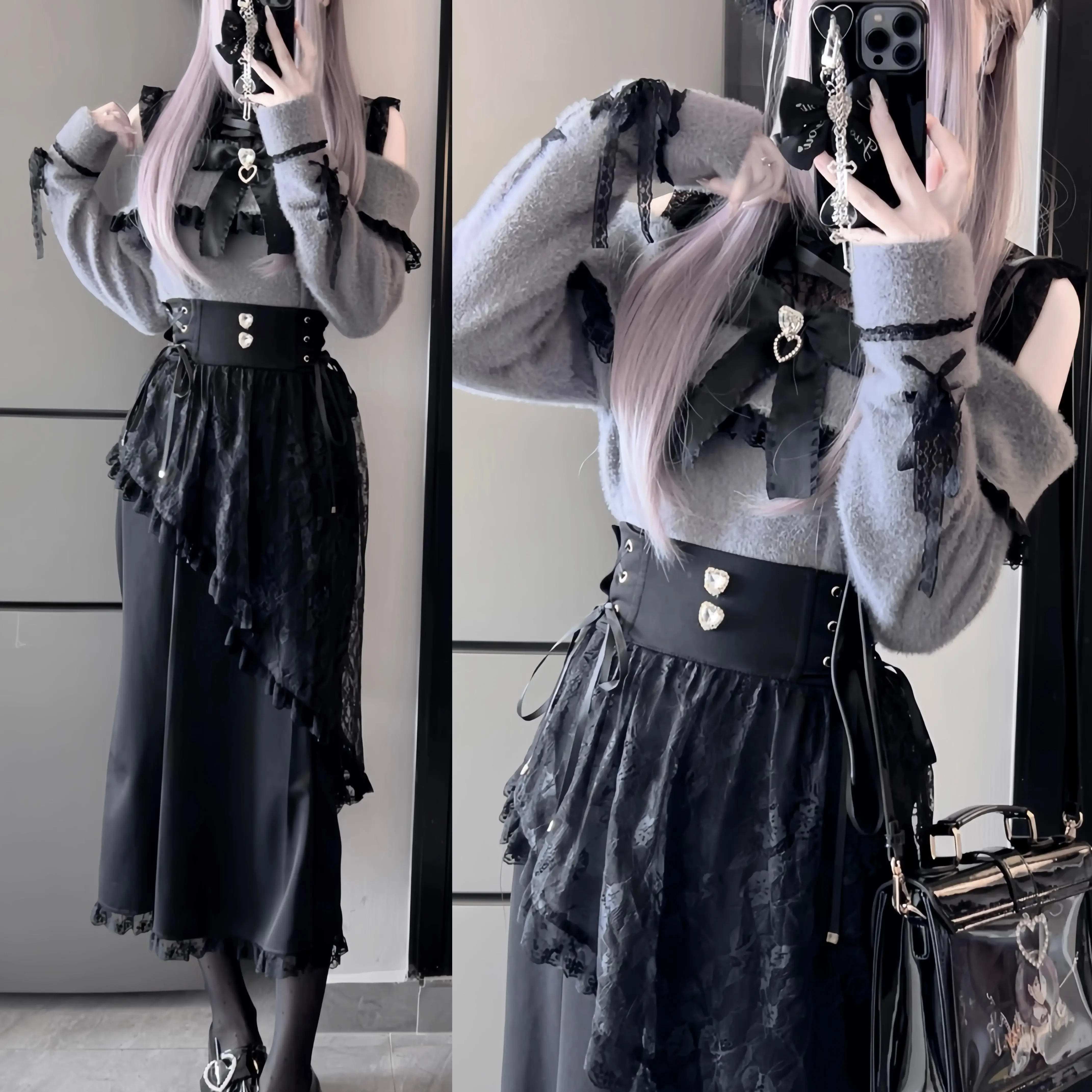 Japanese Mine Style Mass- Produced Cute Sweet Sweater Women's Bow Lace Splicing Off-shoulder Knitwear Top Lady Black Y2k Skirt