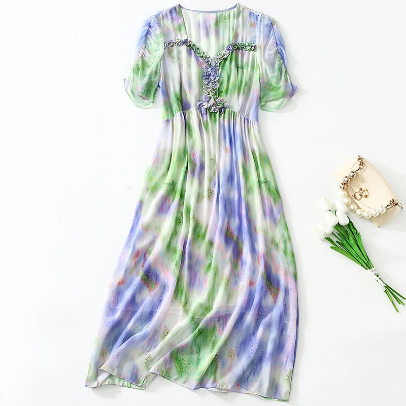 New 100% Real Silk Vintage Dresses for Woman Summer Elegant V-neck Short Sleeve High Waist Women's Print Long Dress A-line