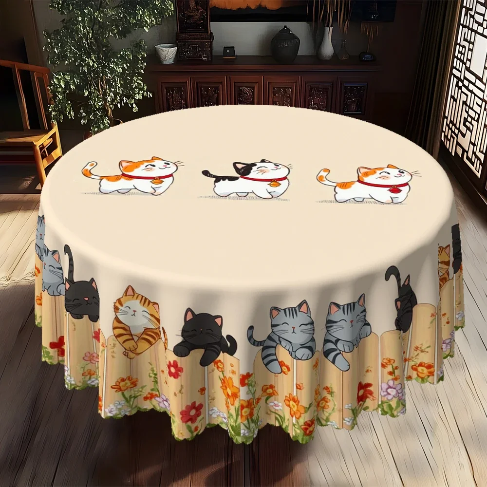 Cute Cat Printed Tablecloth with Embossed Edge, Cartoon Kitchen Dining Decor for Bedroom Courtyard Terrace,  Round Table Cover