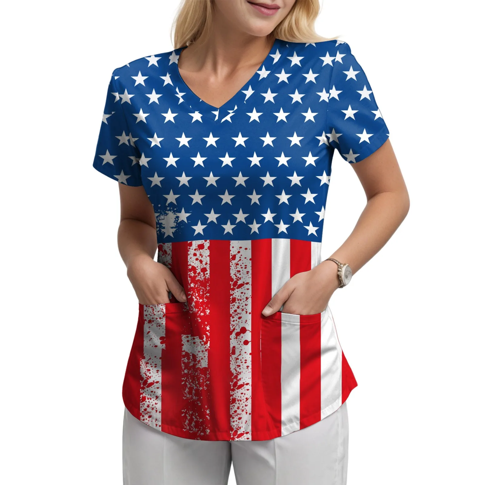 

Summer Scrubs Uniform 4th Of July American Flag Prints Short Sleeve Tshirts For Women Casual Nursing Suits Working Uniforms