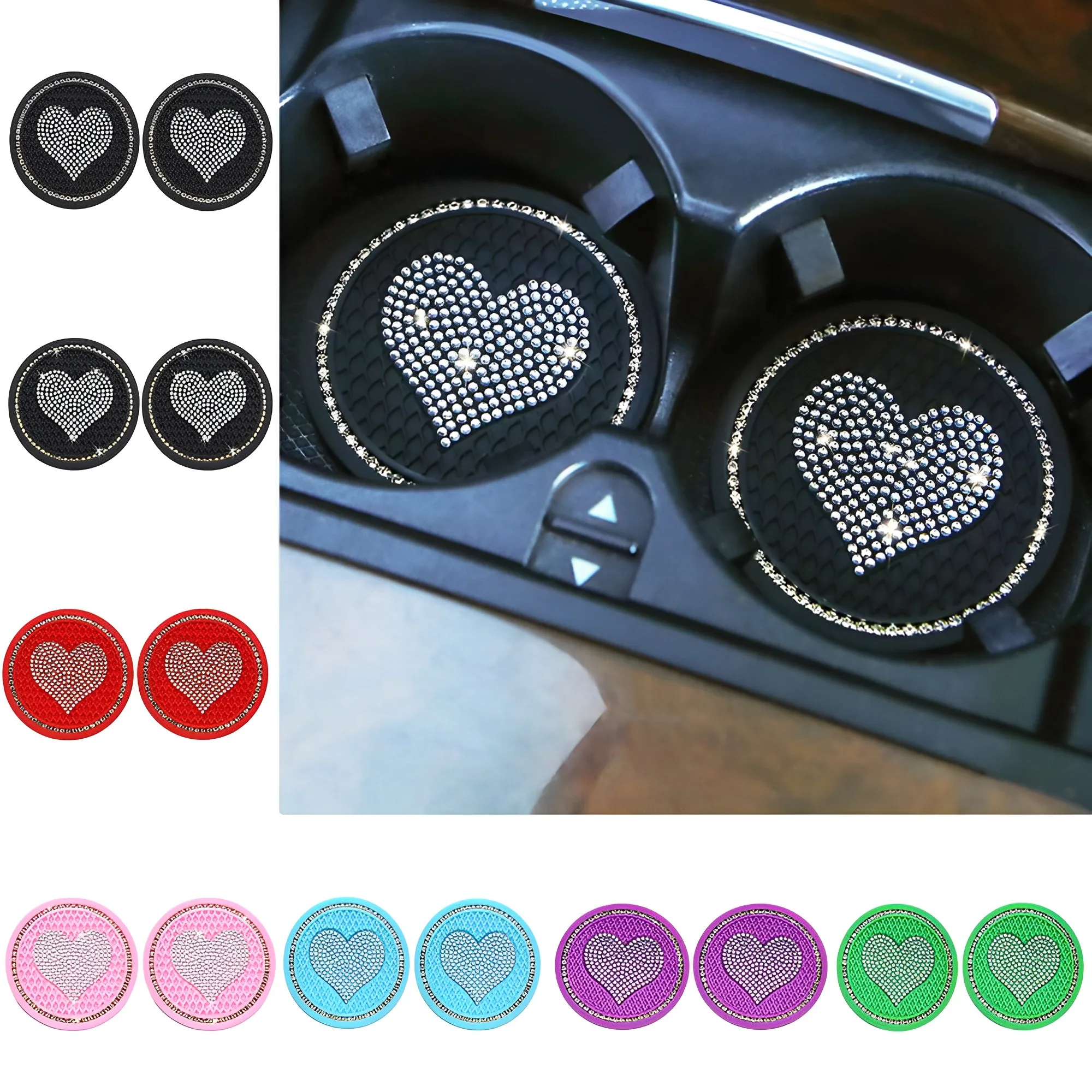 

2Pcs Heart Shape Car Diamond Coaster Water Cup Pad Non-Slip Mat Silica Pad Bottle Holder Coaster Auto Interior Decor Accessories