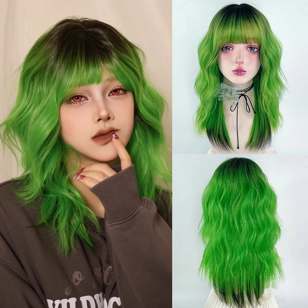 Black Ombre Green Medium Long Wavy Synthetic Wig with Bangs Lolita Cosplay Women Fluffy Wig for Daily Party
