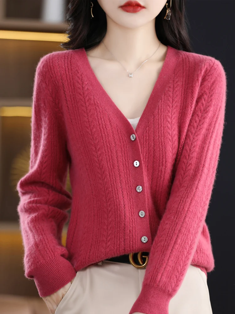 Women's V-neck Wool Cardigan Smart Casual Long Sleeve Cashmere Sweater Autumn Winter 100% Merino Wool Knitwear Basic Cloth Tops