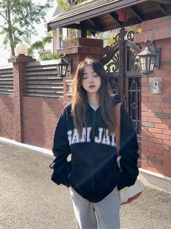 Women Fashion fall Loose Long Sleeve Print Cardigan Vintage Zip up Hooded Sweatshirt Hoodies Casual Autumn Couple Tops with hat