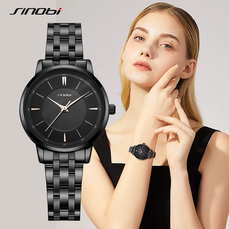 SINOBI Fashion Women\'s Watches Casual Stainless Steel Woman Quartz Wristwatches Elegant Dresses Best Clock for Female Waterproof