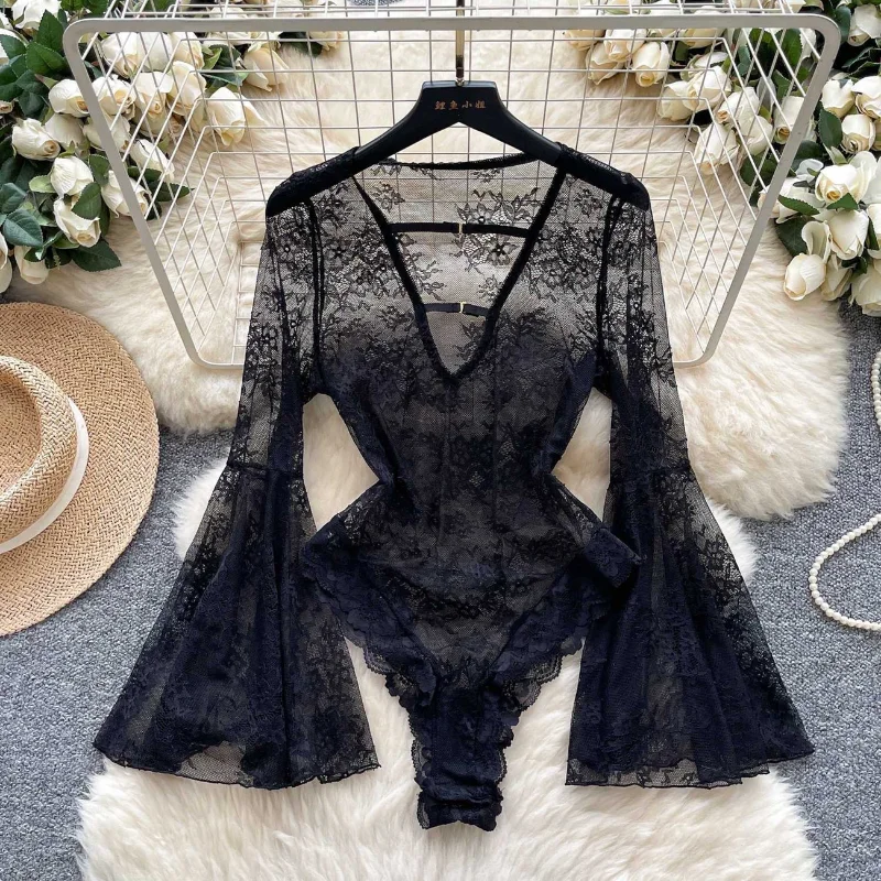 Light Luxury High-end Bell-sleeved Jumpsuit Women's Lace Mesh Pure Lust Hottie Royal Sister Temperament Top