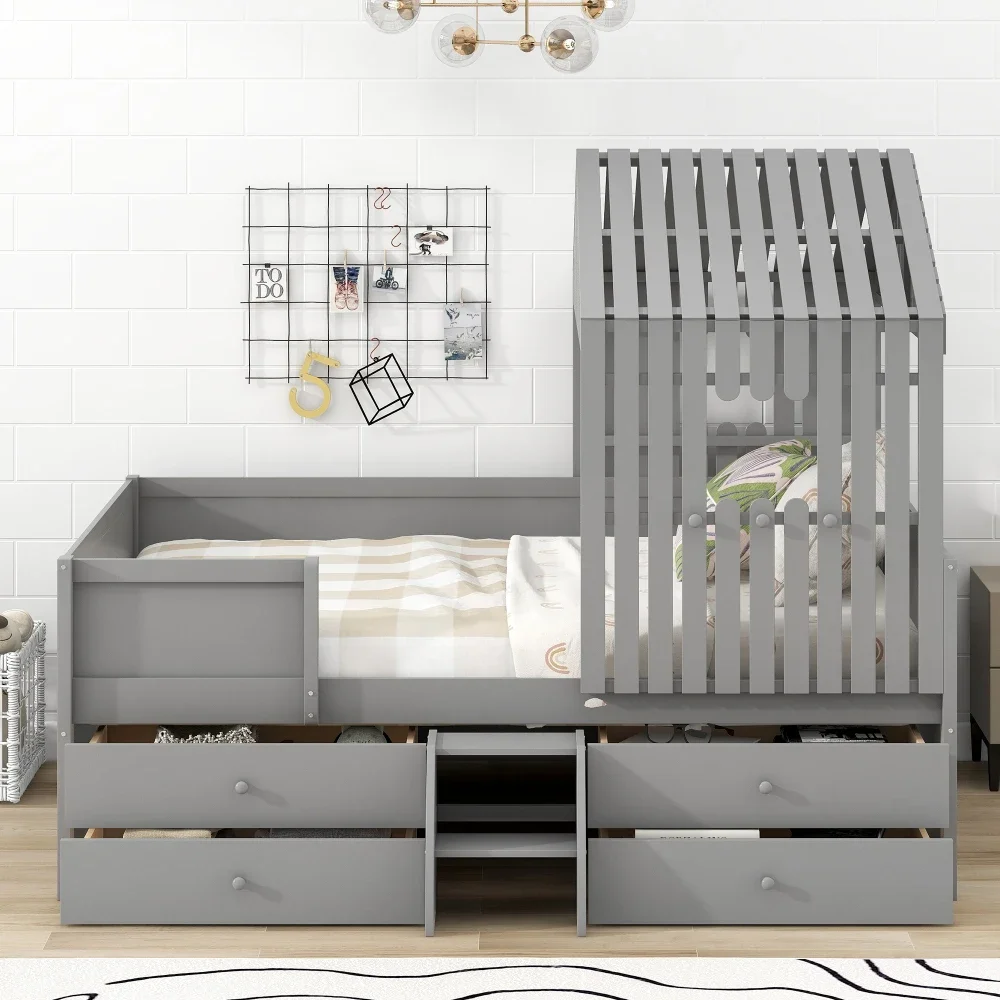 Children Beds Full Size House Low Loft Bed with Four Drawers,Gray Loft Beds Kids Beds for Boys Wooden Bed Bunk Toddler Bed US