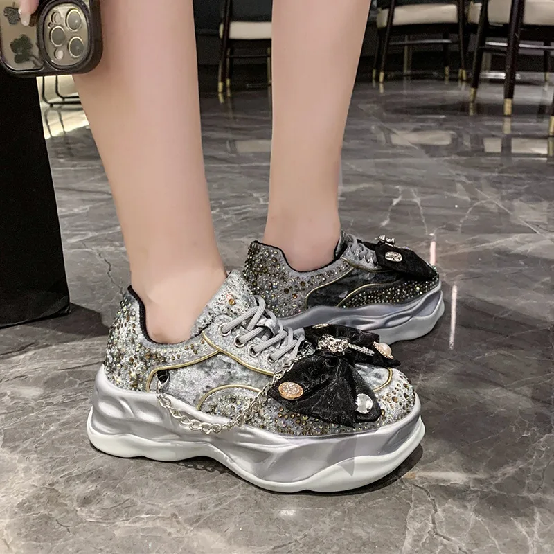 

Dropshipping New Bow Knot Rhinestone Hollow Mesh Dad Shoes Lace Elevated Thick Sole Casual Women's Sports Shoes Outdoor Party