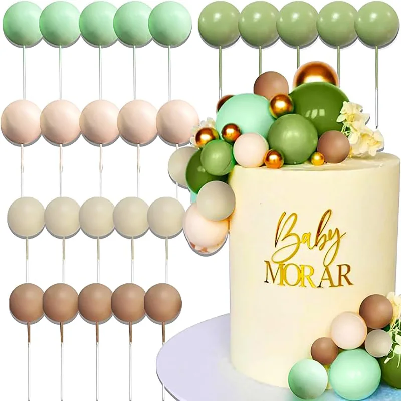 

25pcs/set Boho Green Balls Cake Toppers Sage Green Balls Birthday Cake DIY Decorations Baby Shower Wedding Cake Topper Ball