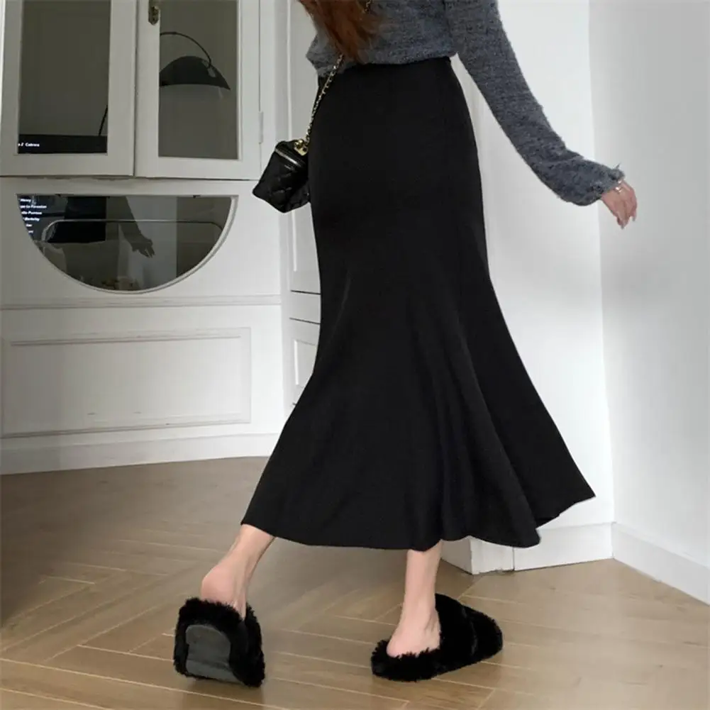 Long Skirt Elegant Fishtail Maxi Skirt with Ruffle Trim High Waist Elastic Band Solid Color Design for Office or Wear Versatile