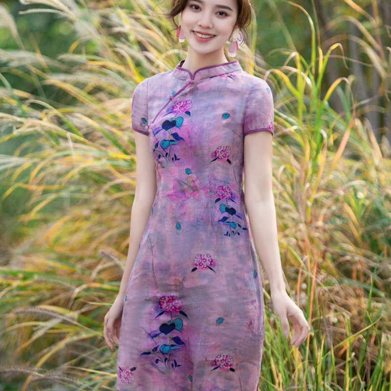 

Summer Women Short-sleeved Cheongsam Vintage Floral Print Qipao Dress Oriental China Style Evening Party Costume Plus Size S-3XL