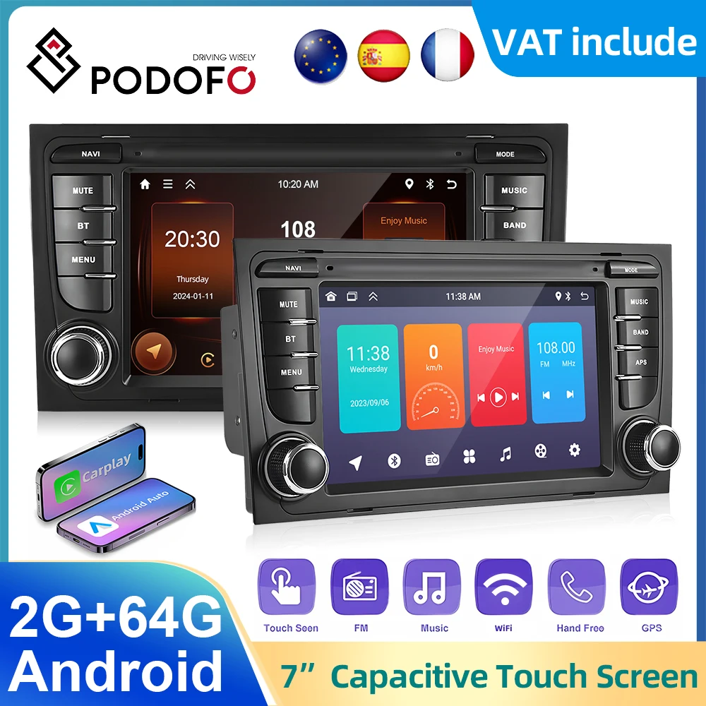 Podofo 7” Android 2+64G Car Radio For Audi A4 B6 S4 RS4 Seat Exeo Carplay Android auto Stereo Car Multimedia Player WIFI GPS