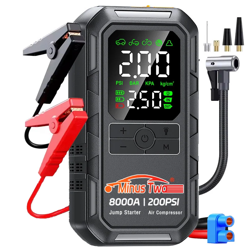 4-IN-1 Car Jump Starter with Air Compressor Peak 2000A Auto Battery Booster 150PSI Air Pump Portable Power Bank Tire Inflator