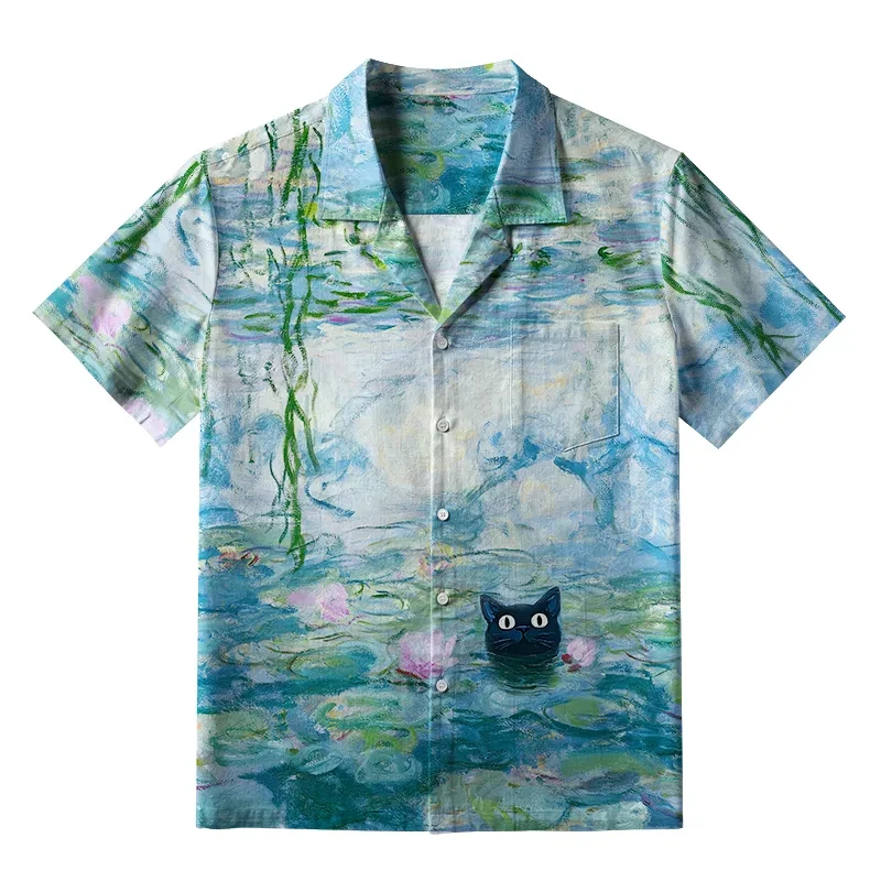 Camisa havaiana de férias para homens, estampa 3d, vintage, pintura a óleo, gato, verão, solta, havaiana, praia, tops, casual, lapela, blusa, roupas masculinas
