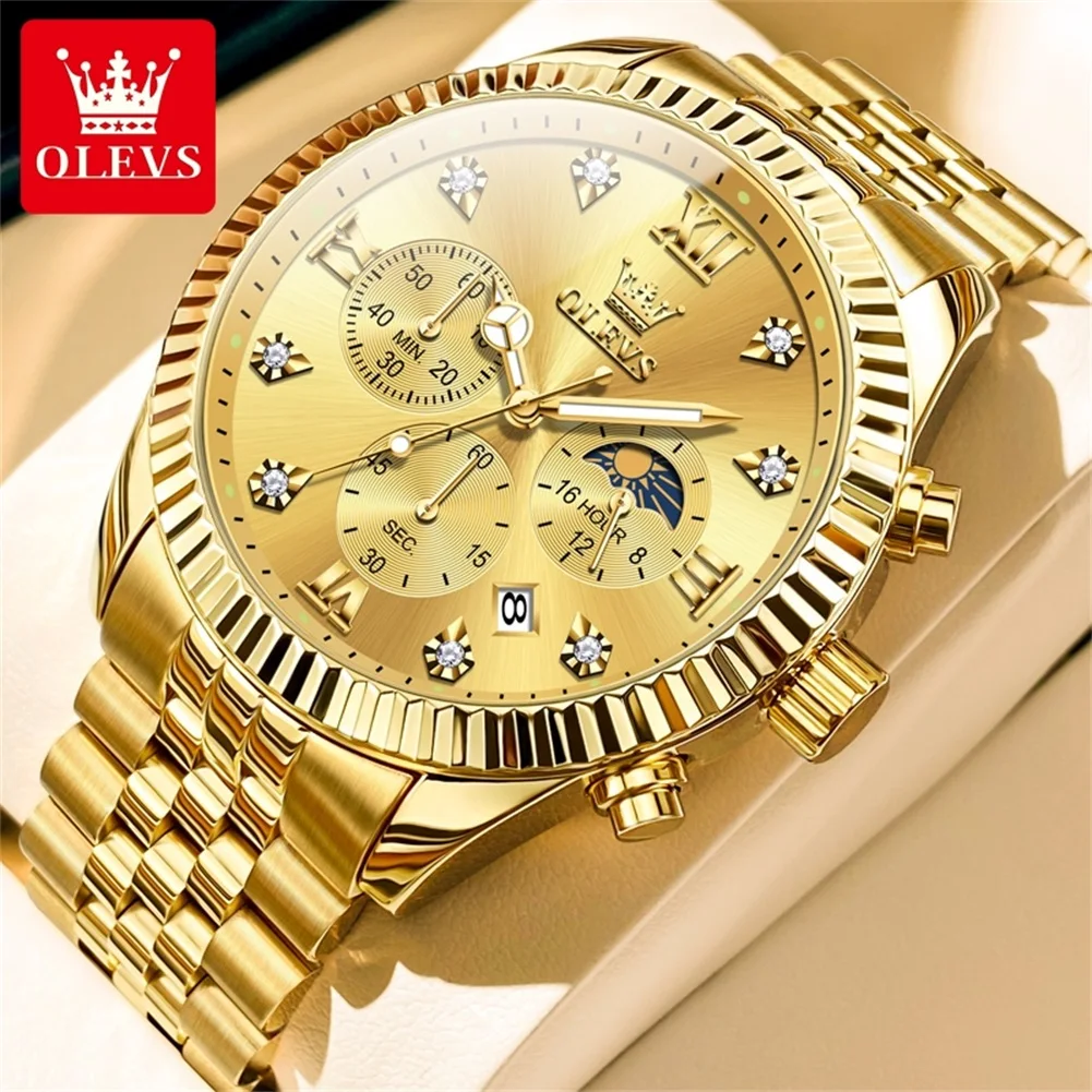 OLEVS 2932 Quartz Watch for Men Stainless Steel Waterproof Chronograph Calendar Moon Phase Original Luxury Gold Men\'s Wristwatch