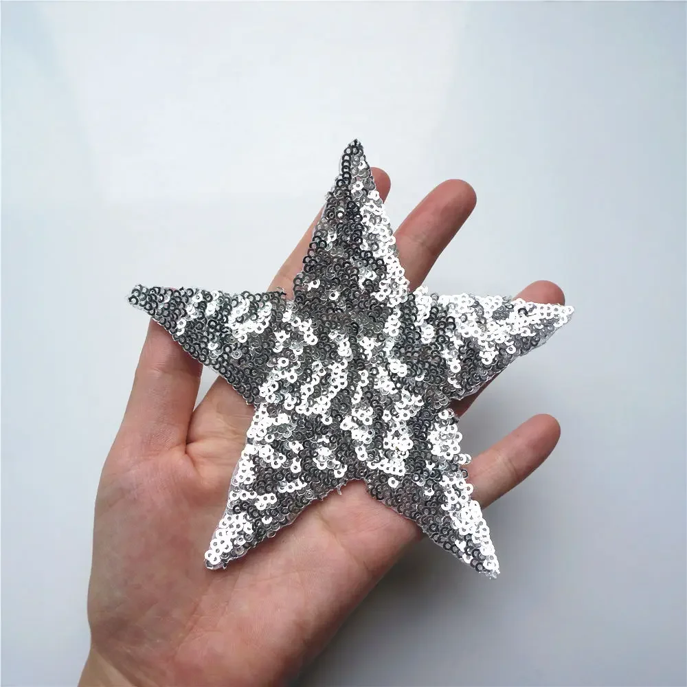 12CM Gold Silver Sequin Star Sew Iron On Patches Shining Embroidered Badges For Dress Jeans DIY Appliques Craft Decoration