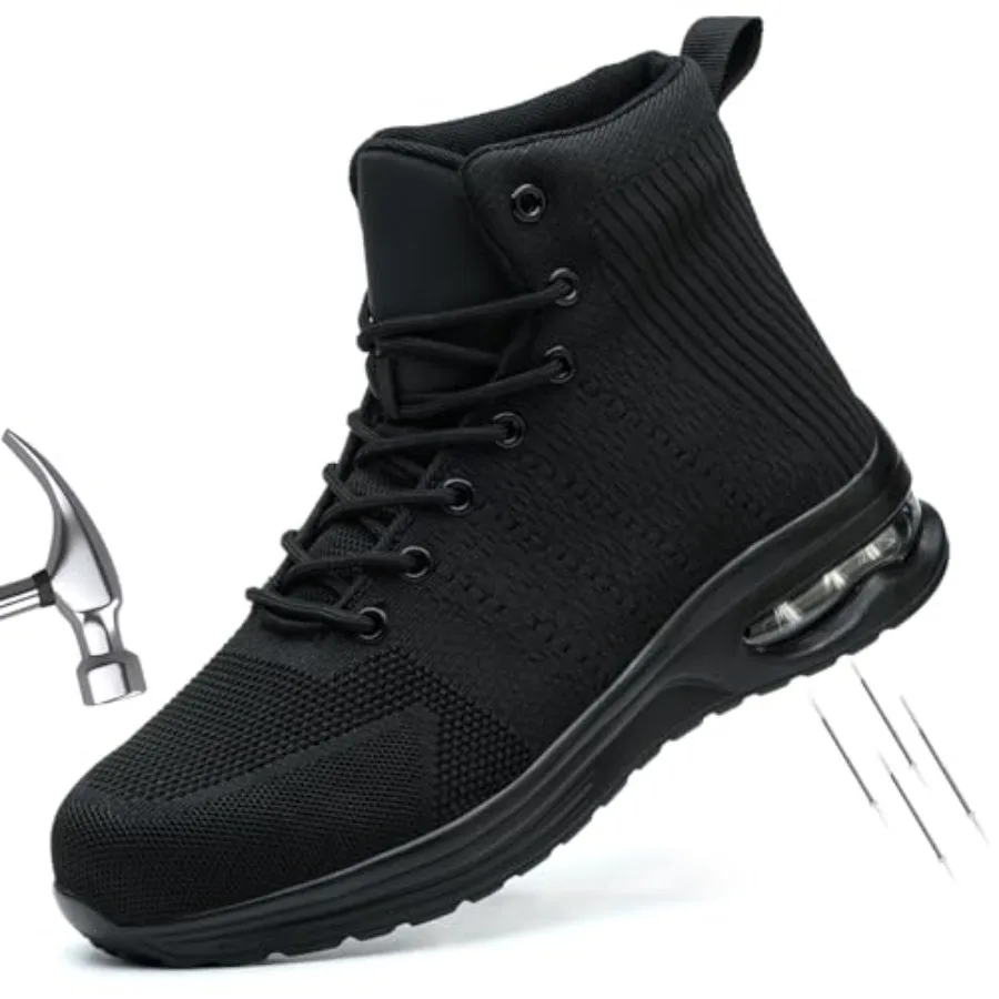 

Steel Toe Work Boots for Men or Women, High Top Slip Resistant Safety Shoes Puncture Proof Comfortable Air Cushion Tennis Boots