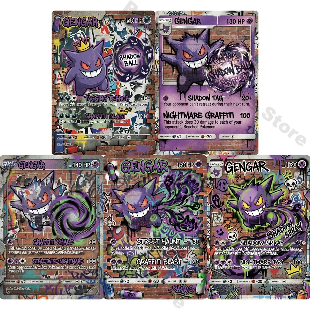 5Pcs PTCG Cards Gengar Street Graffiti Style Rare Holo PTCG Cards Anime Game Collection Cards English PTCG Gengar Gift