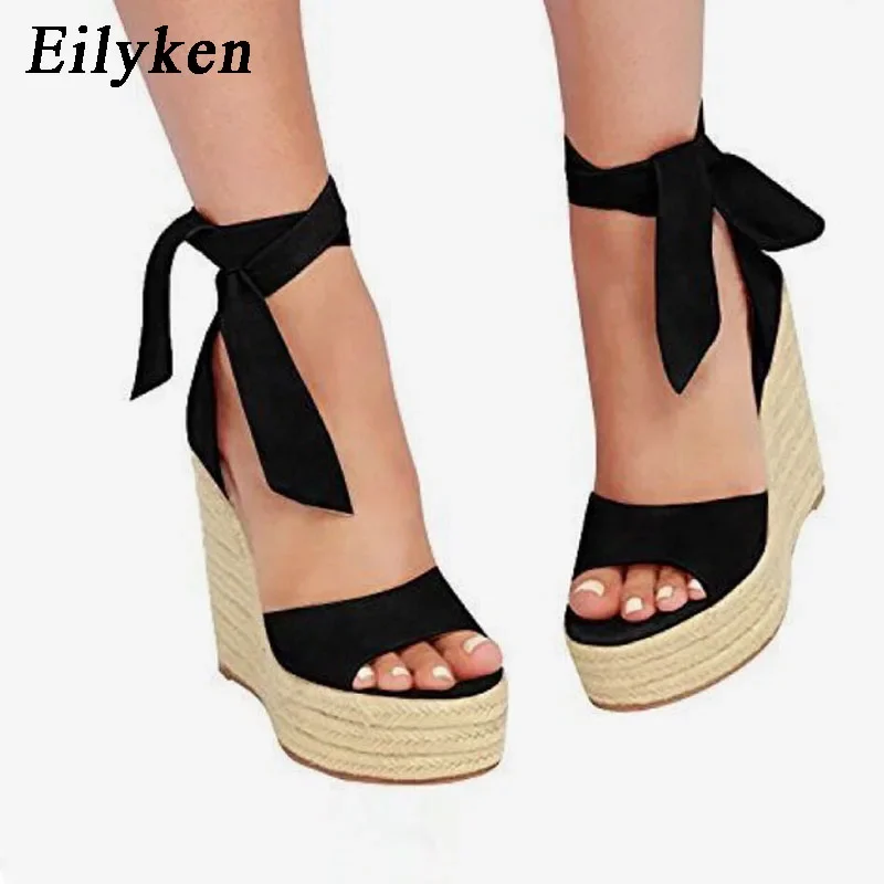 Eilyken Summer Butterfly Knot Open Toe Women Sandals Fashion Solid Platform High Heel Wedge Shoes Ankle Lace-up Pumps
