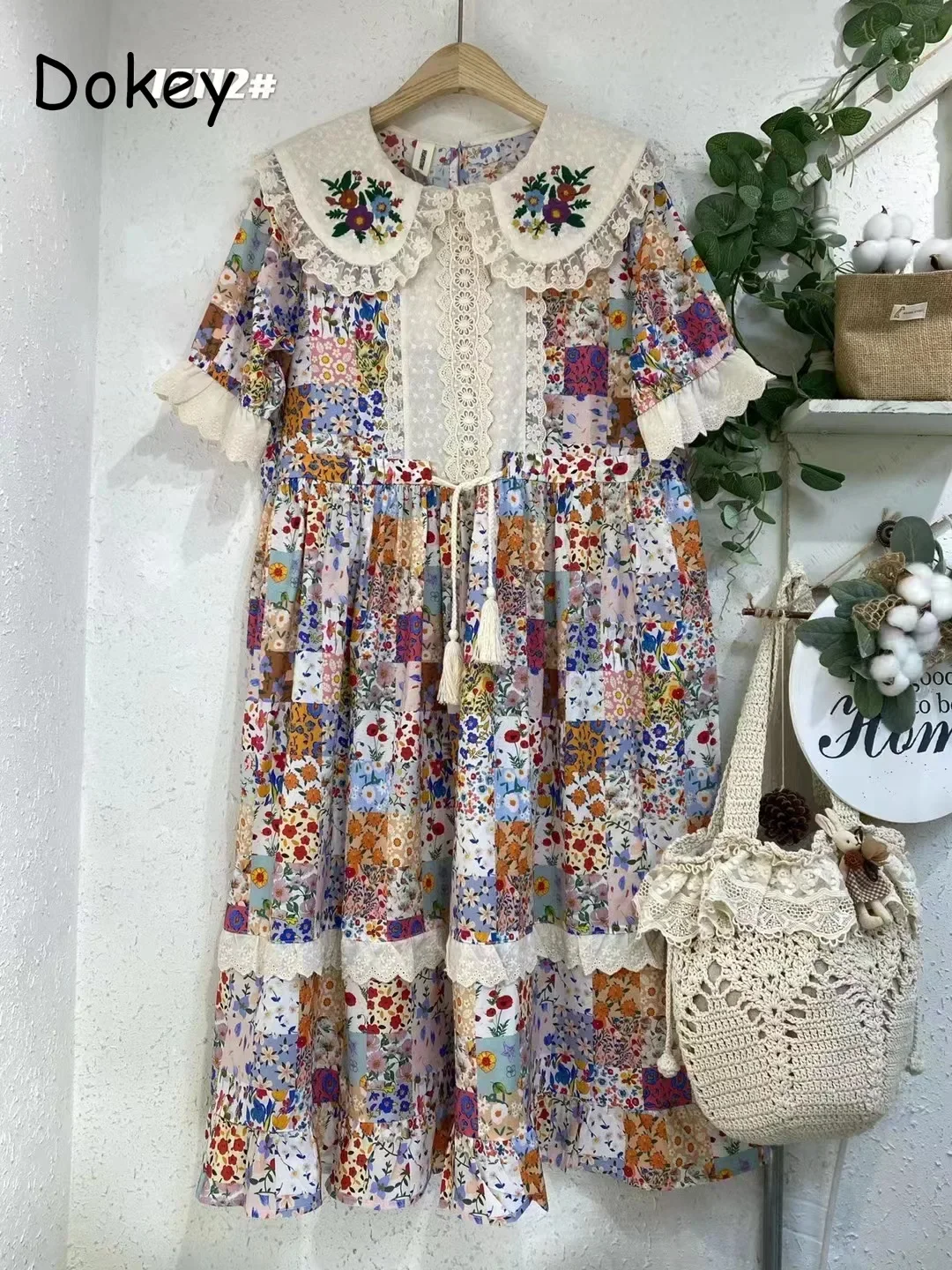 Vintage Floral Embroidery Cotton Linen Lolita Dress Women Summer Japanese Peter Pan Collar Kawaii Dresses Elegant Party Vestidos