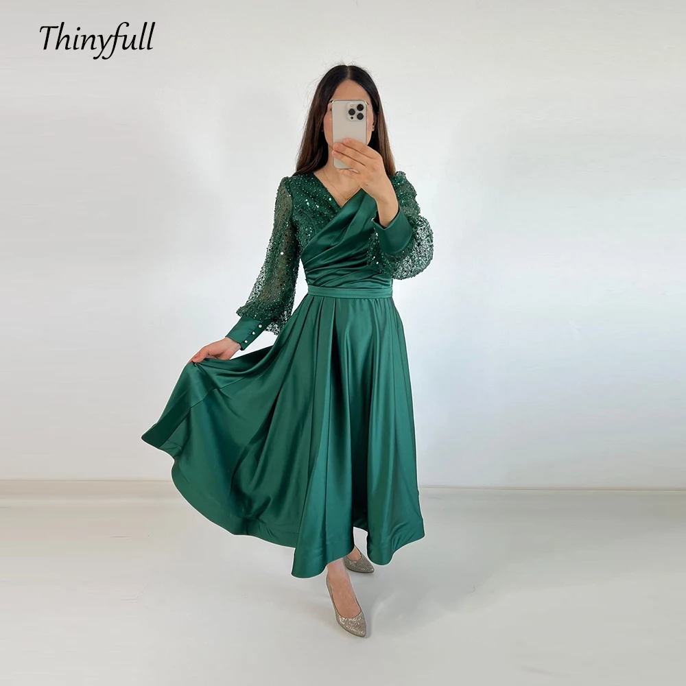 

Thinyfull A-line Prom Dresses Full Sleeves V-neck Satin Sequined Evening Party Gown Arabia Tea-length Special Occasion Dress