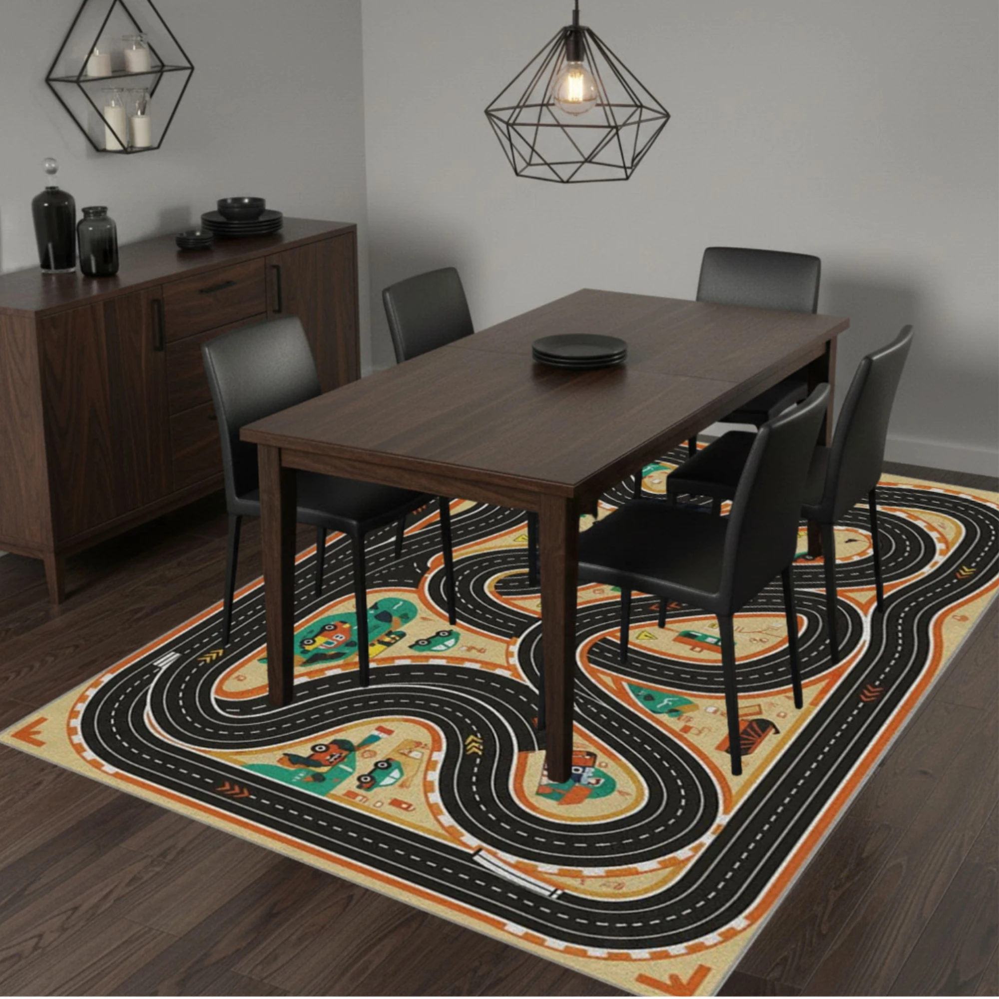 Playful Road Map Car Race Rug, Non‑Slip Machine Washable for Living Room Bedroom Dining Home Office Entry Bathroom Kitchen