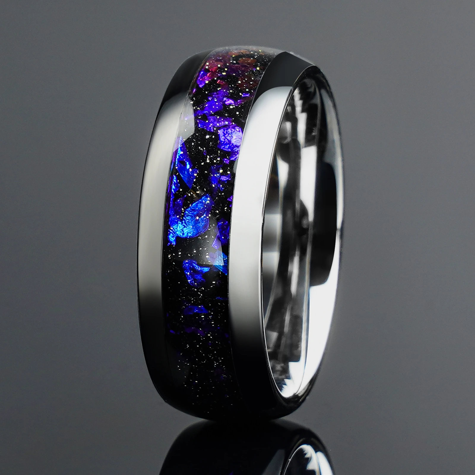 4/8mm Colorful Nebula Outer Space Silver Tungsten Wedding Engagement Ring, Anniversary Birthday Gift For Him And Her