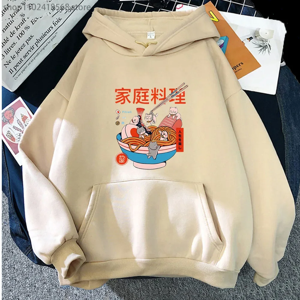 Ramen Cats Hoodie Women Japanese Anime Sweatshirts Autumn Winter Casual Men Fleece Long Sleeve Pullover Harajuku Kawaii Clothing