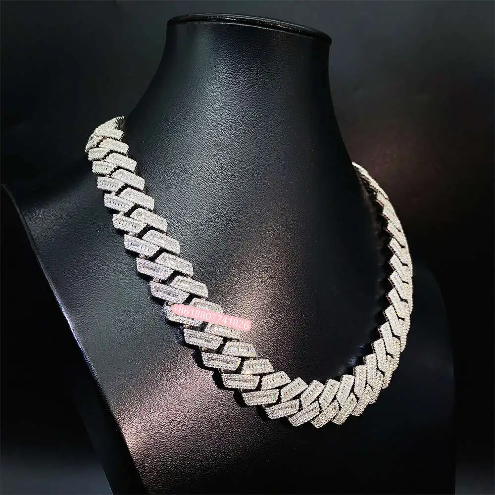 Fine Jewelry Hip Hop Baguette Diamond Men Necklace Silver Iced Out Fully Vvs Moissanite Luxury Cuban Link Chain