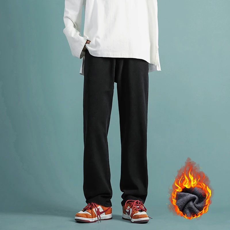 

Men's Fleece Warm Loose Jeans 2022 Winter New Straight Baggy Wide-leg Pants Youth Men's and Women's Casual Pants Blue Black 3XL