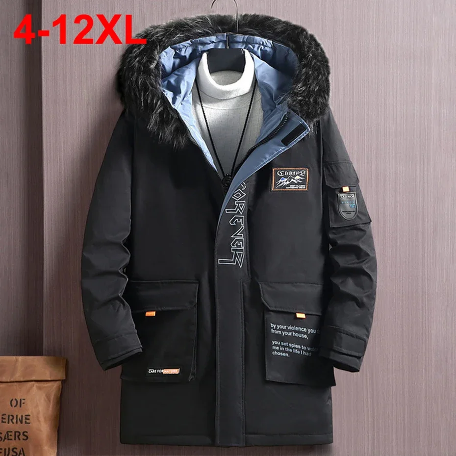 Plus Size Long Parkas Fur Collar Hooded Warm Coats Men\'s Winter Padded Jackets 12XL Paisley Graphic Thicken Down Coat for Male