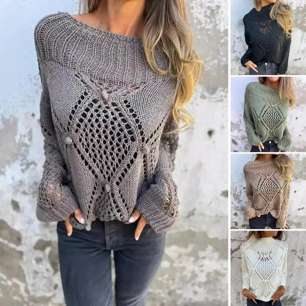 Women Sweater Long Sleeve Hollow Design Jacquard Decor Knitting Tops Solid Color Loose Fit Casual Sweater