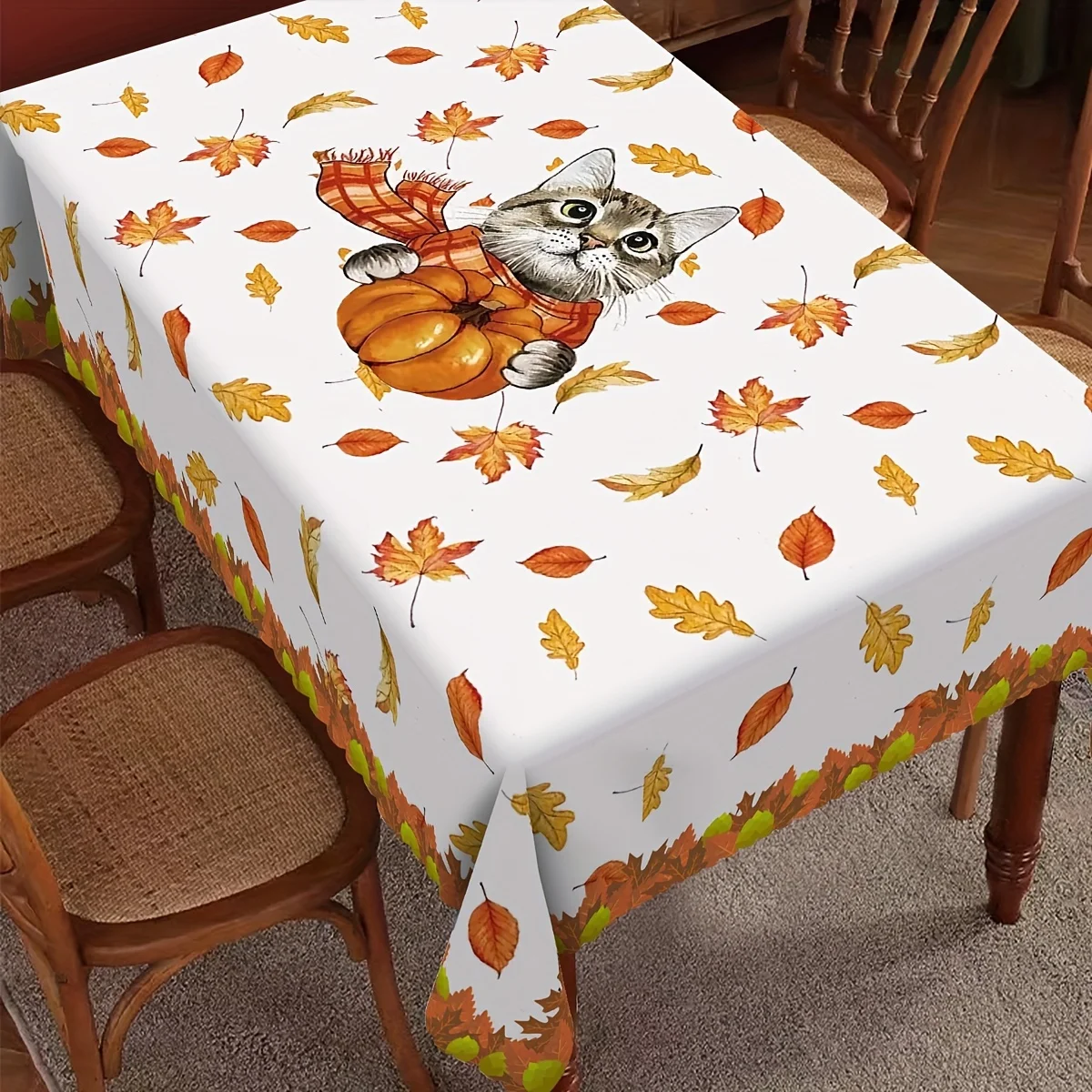 1pcs Autumn Elegant Charming Cat and Pumpkin Pattern Home Living Room Kitchen Dustproof Tablecloth Holiday Party Decoration