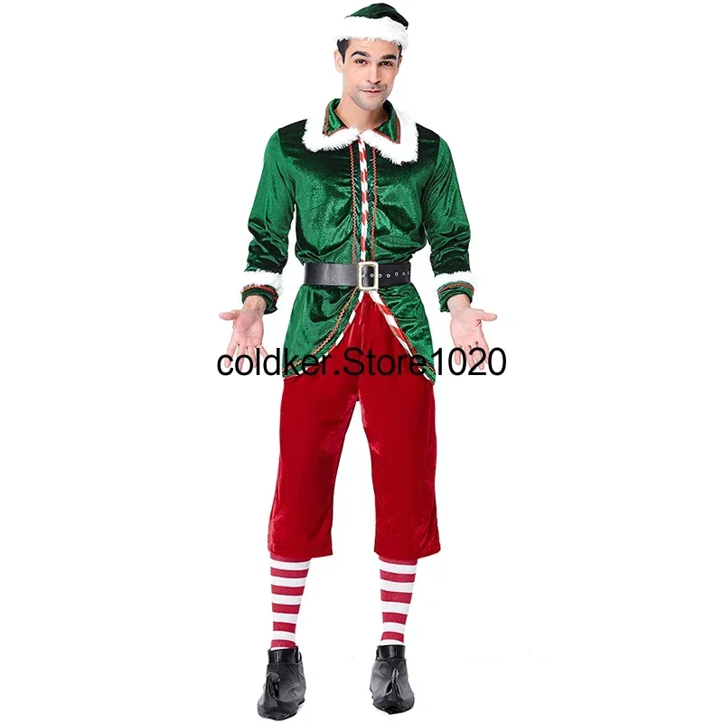 Navidad Cosplay disfraces de Halloween Festival para hombres mujeres verde Navidad elfo traje Santa Claus vestido de fiesta elegante conjunto de Cosplay