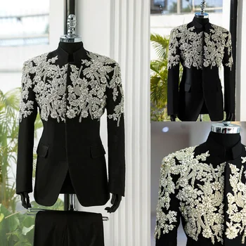 กางเกงเบลเซอร์2ชิ้นสำหรับเจ้าบ่าวชุดทักซิโด้ผ้าปะติดคริสตัลคอตั้งสูทแต่งงานสำหรับผู้ชายหรูหรา