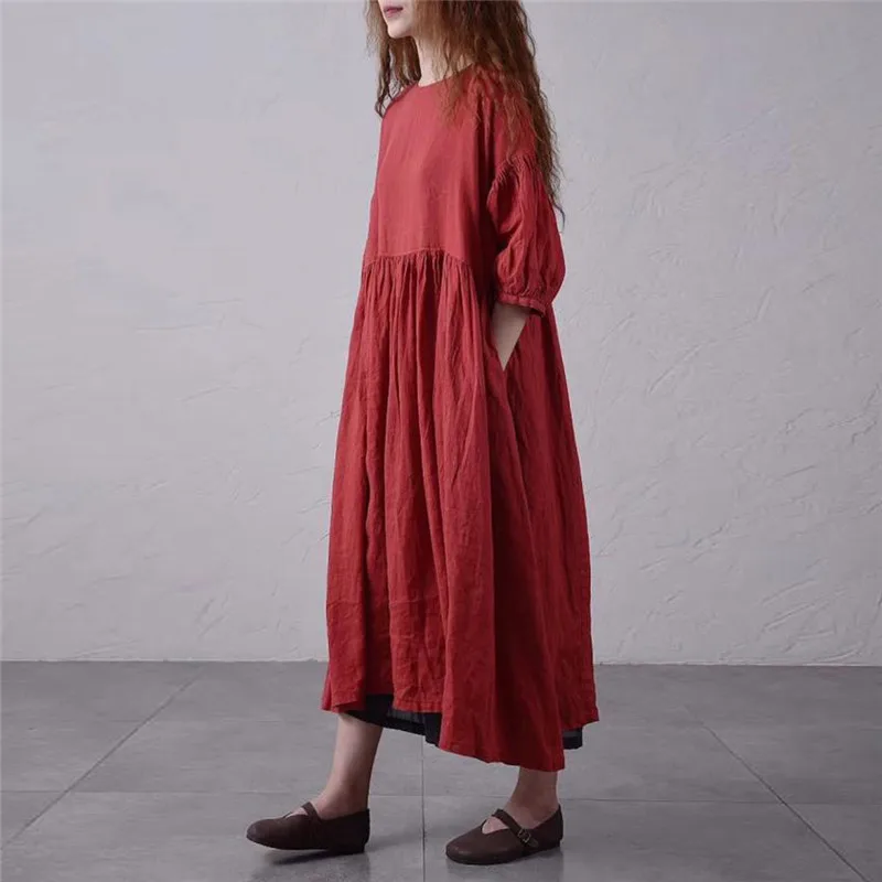 Johnature 2024 Summer Women Vintage Cotton Linen Dress New Solid Color Half Sleeve Pockets Loose Button 3 Colors Female Dresses