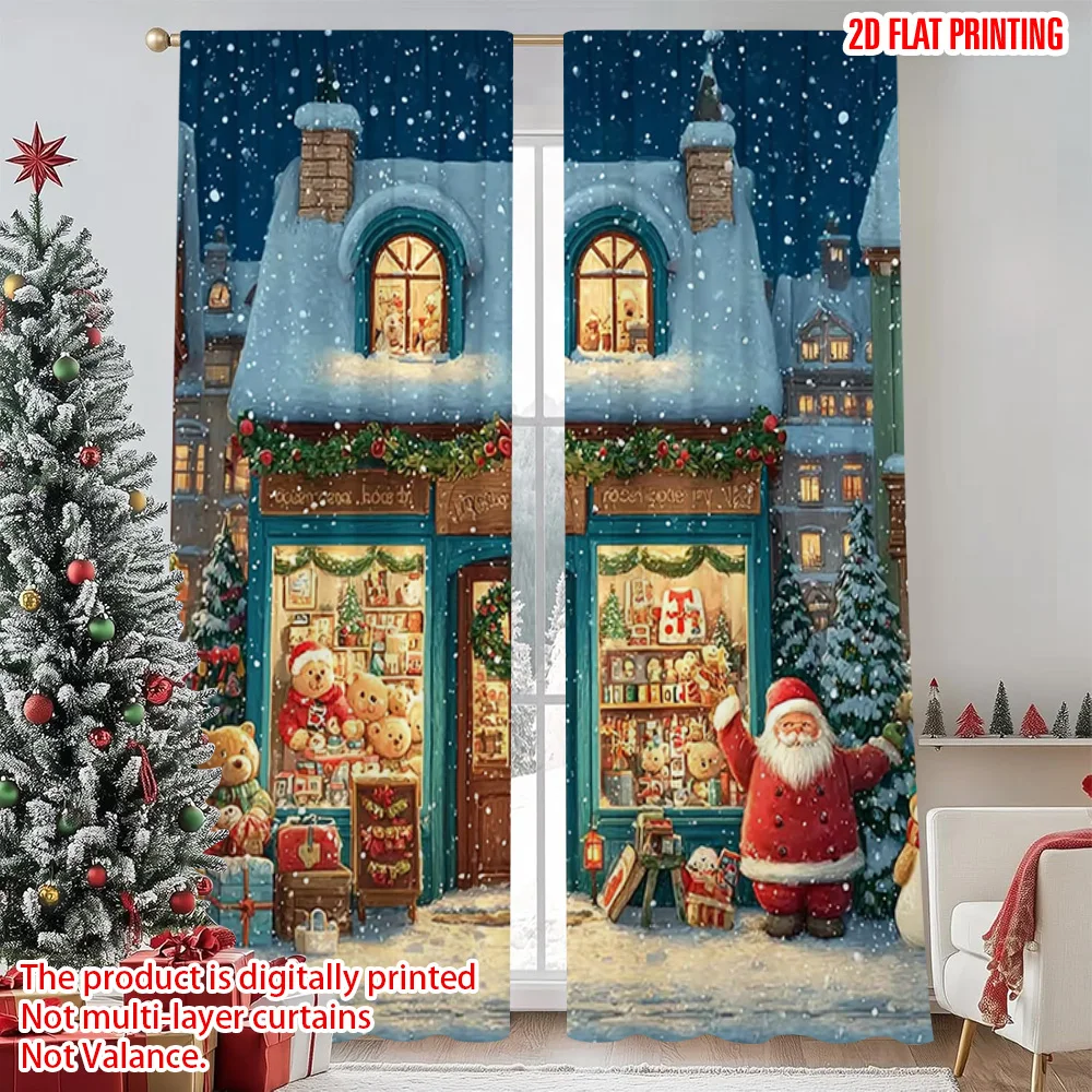 

2pcs 2D flat printing Merry Christmas Popular Curtains Santa's Toy Store Durable 100% Polyester Fabric Without Electricity