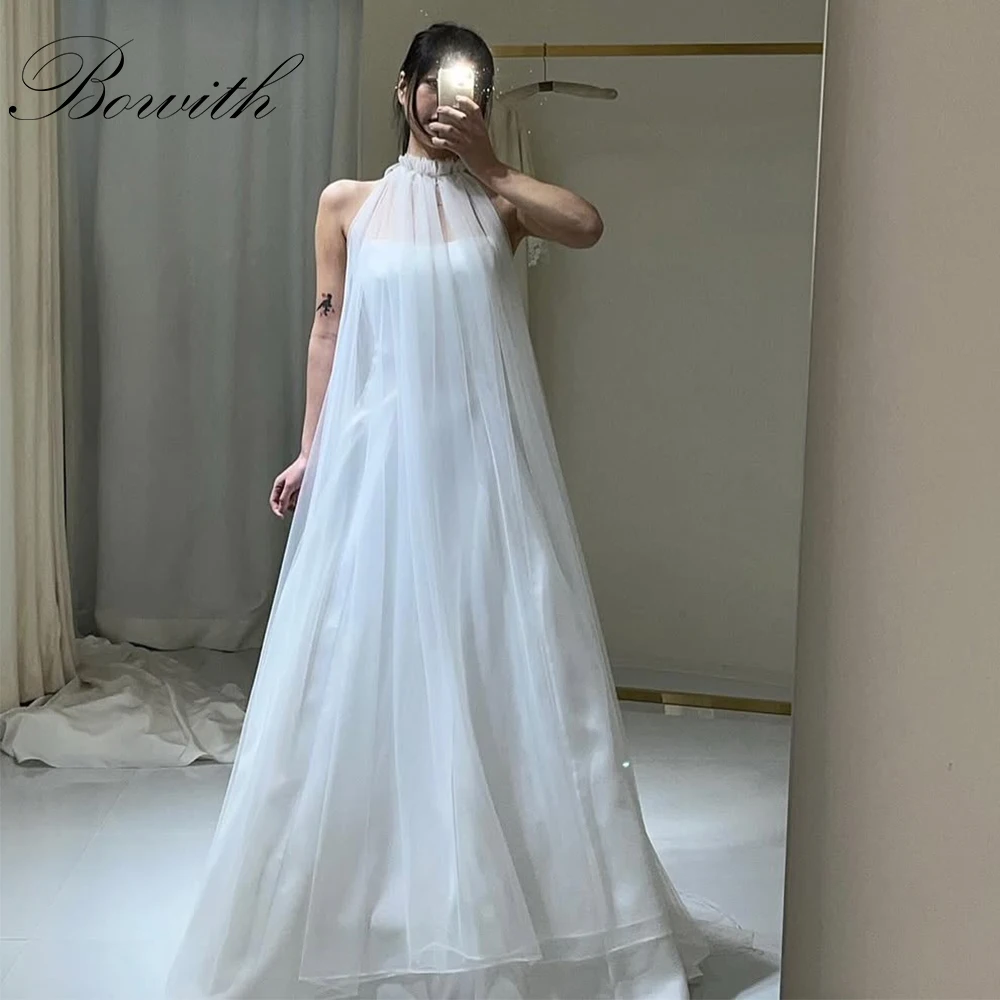 

Bowith 2 Piece Korean Wedding dresses High Collar Sleeveless Bridal Gown Strapless 2in1 Wedding Snap Dresses with Tulle Pullover