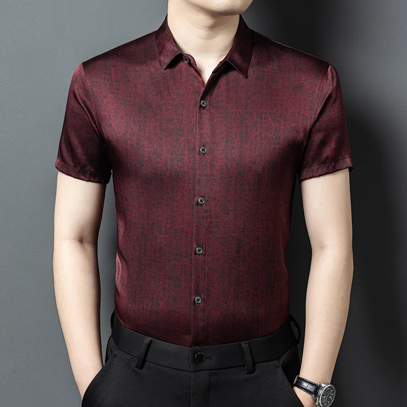 Silk Blends Dress Men Shirt Short Sleeve Crack Print Casual Cool Summer Quality Gambiered Canton Gauze Premium Camisas De Hombre
