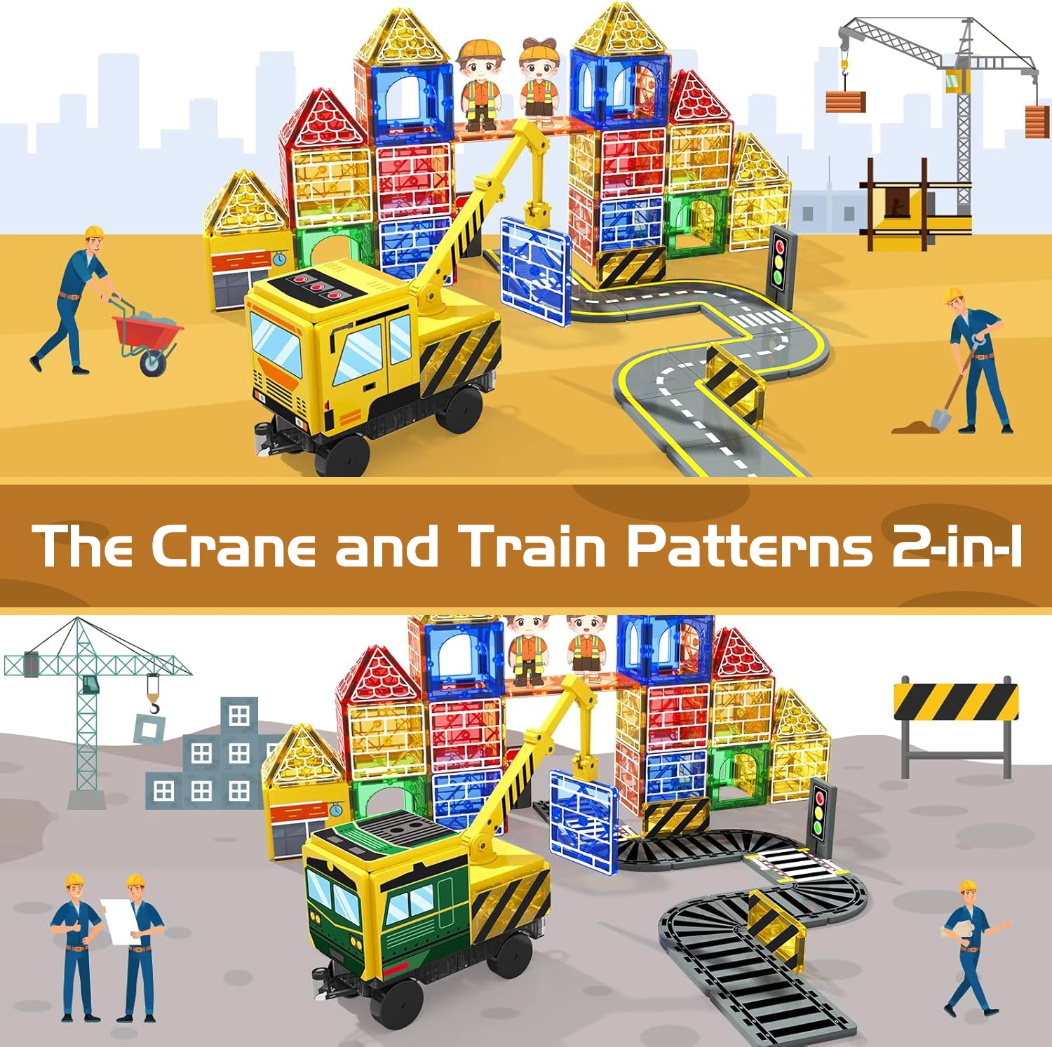 Magnetic Building Block Toys, Magnetic Little Car, Double-Sided Pattern, Including Crane, Train, Children's Holiday Birthday Gift