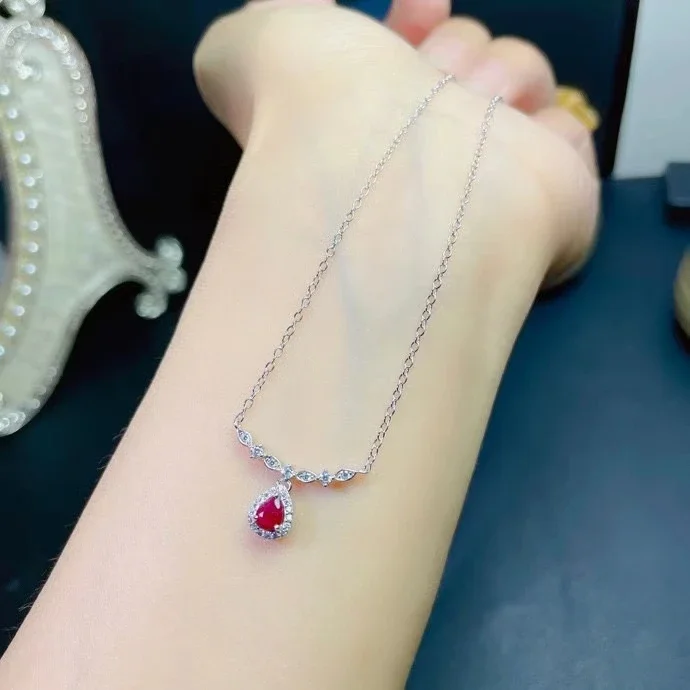 

Sterling Silver Ruby Necklace for Office Woman 4mm*5mm Natural Ruby Silver Necklace 925 Silver Ruby Jewelry Gift for Woman