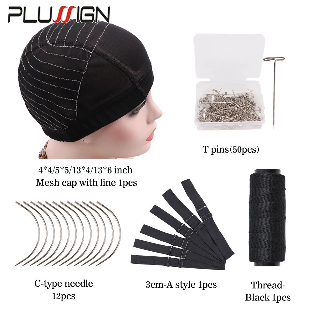 Gorro de peluca para hacer pelucas, gorro de peluca estirable con accesorios para peluca, bandas elásticas ajustables, agujas en forma de C/T, hilo de coser para el cabello