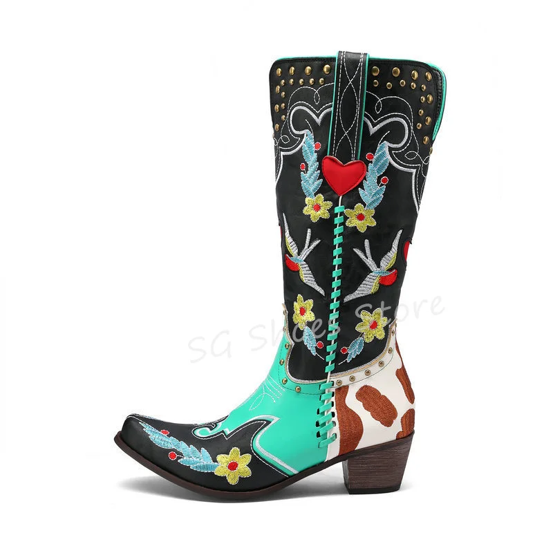 Retro Embroidery Rivet Women Western Cowboys Boots Mixed Color Pointed Toe Chunky Heel Long Boots Ladies Chelsea Boots